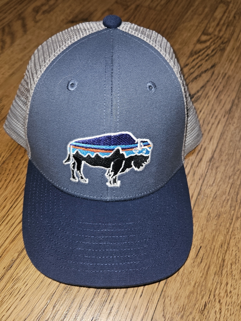 Patagonia Buffalo Logo-Dark Blue & Light Gray Mesh Trucker Hat